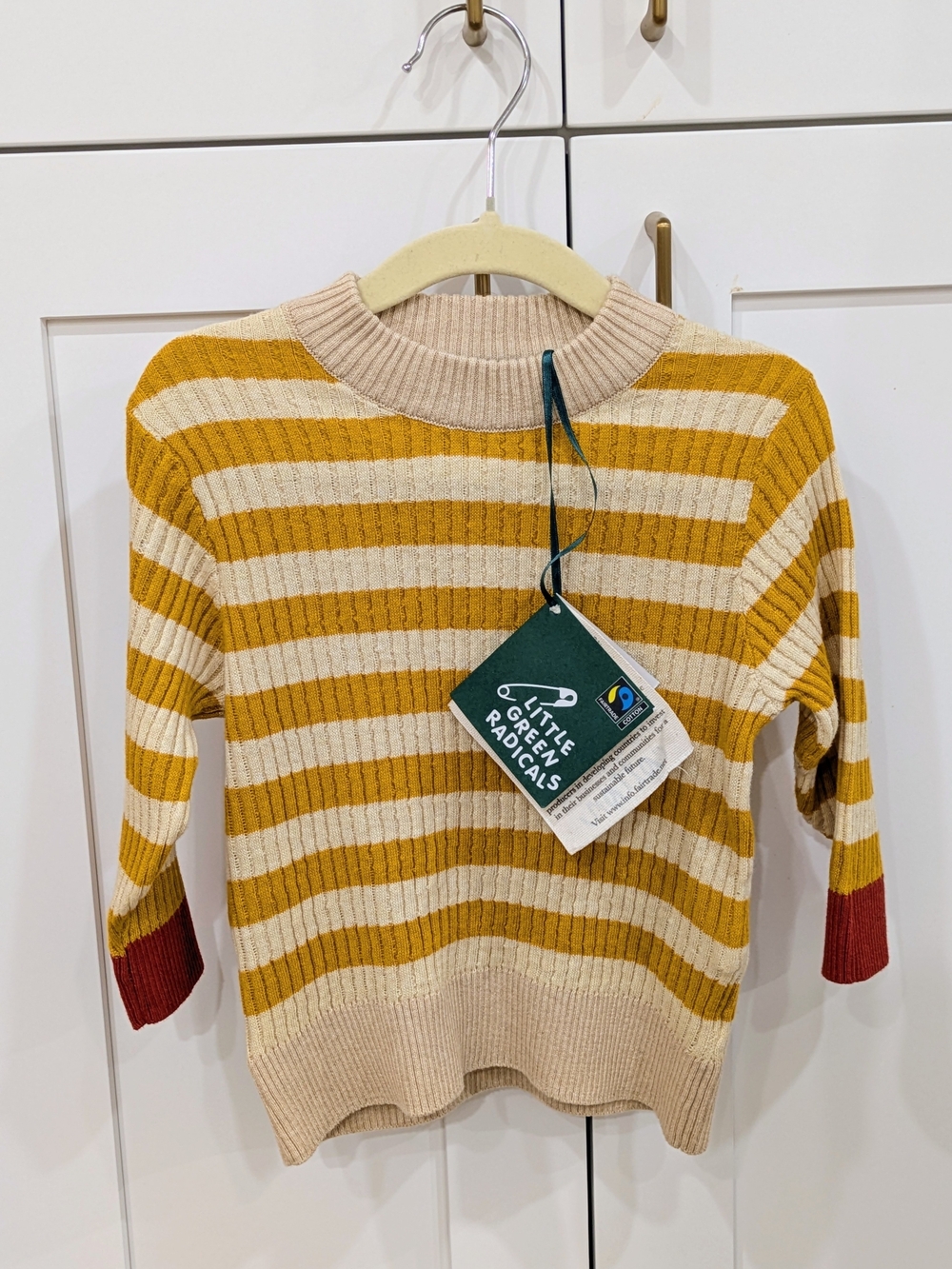 Little Green Radicals Mustard & Cream Striped Ribbed Crew Sweater with Rust Cuff